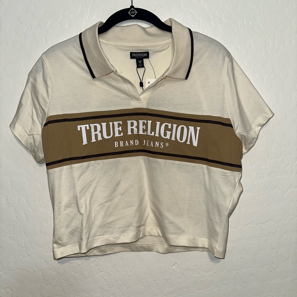 True Religion Women's Cream and Brown Crop Top